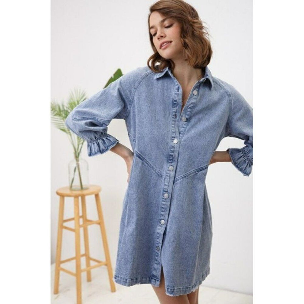SALE! Blue B Washed Jean Blue Denim Ruffle Dress Western Mini Dress 22139D-O2